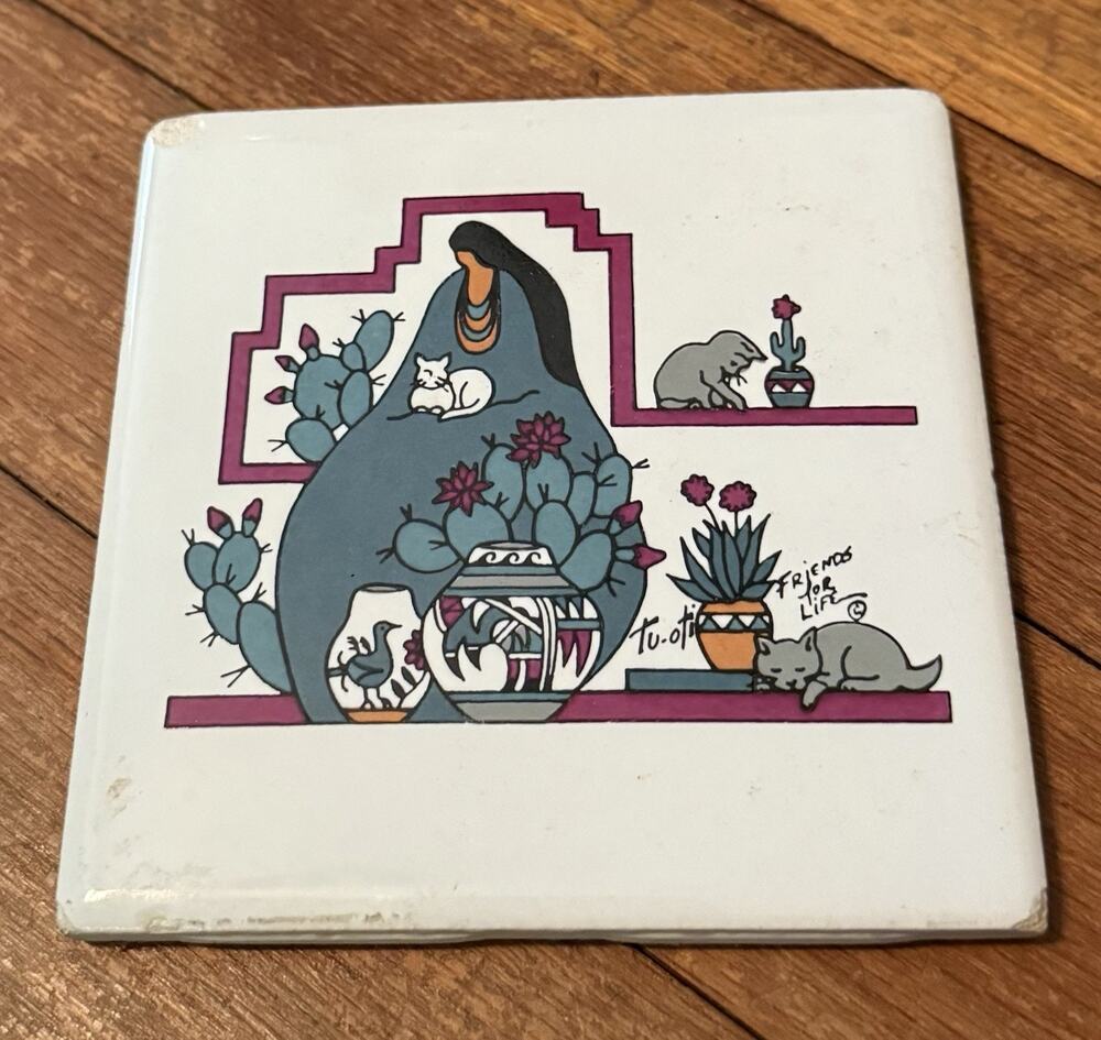 Gale Tuoti “Friends for Life” Tile Trivet 4” Southwest Cats Native American Art